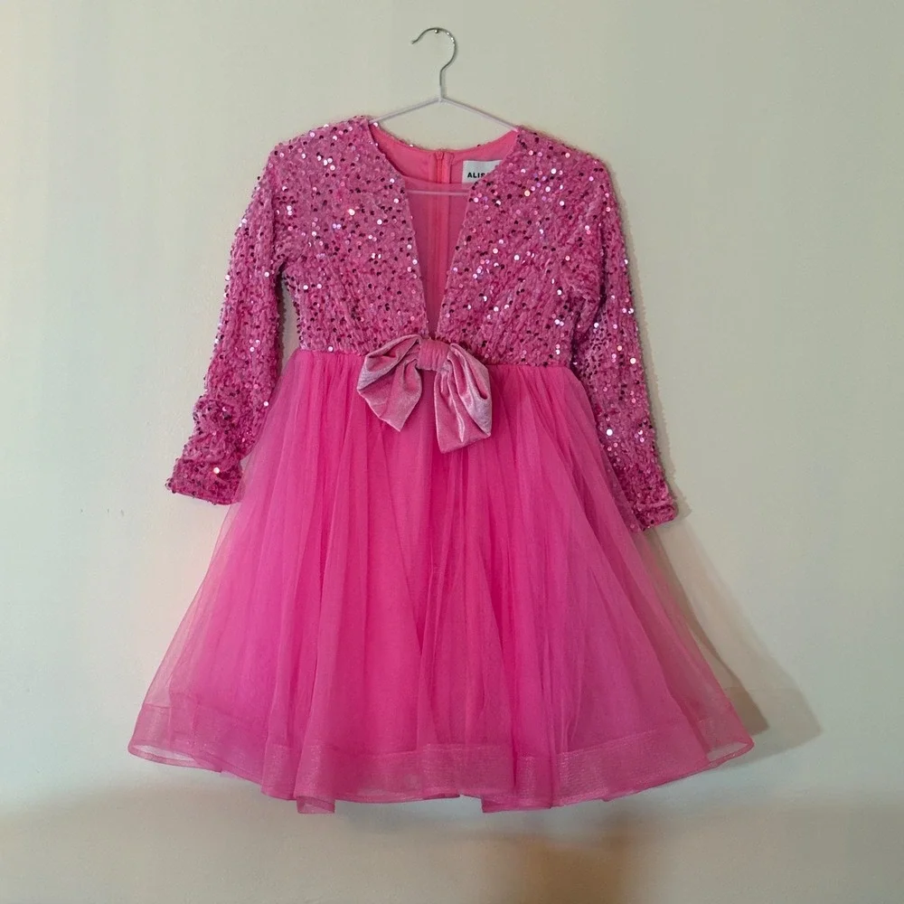 Alisa & Leo Sequin Tulle Party Dress Girls 11Y Pink Long Sleeve Special Occasion